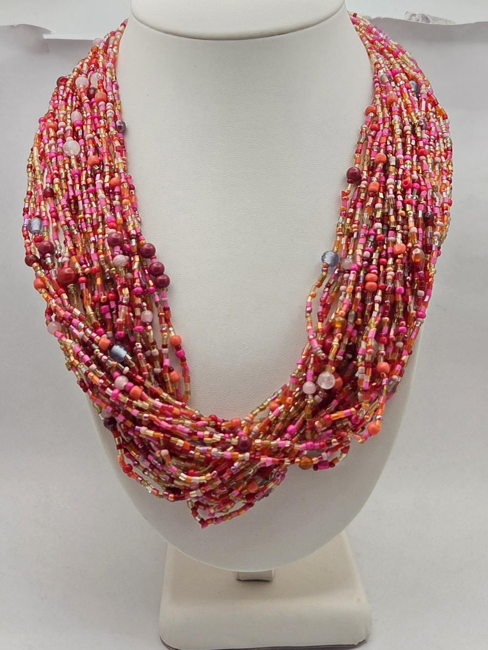 Talbots Multi Strand Beaded Statement Necklace Pink Orange Gold Tone 24"